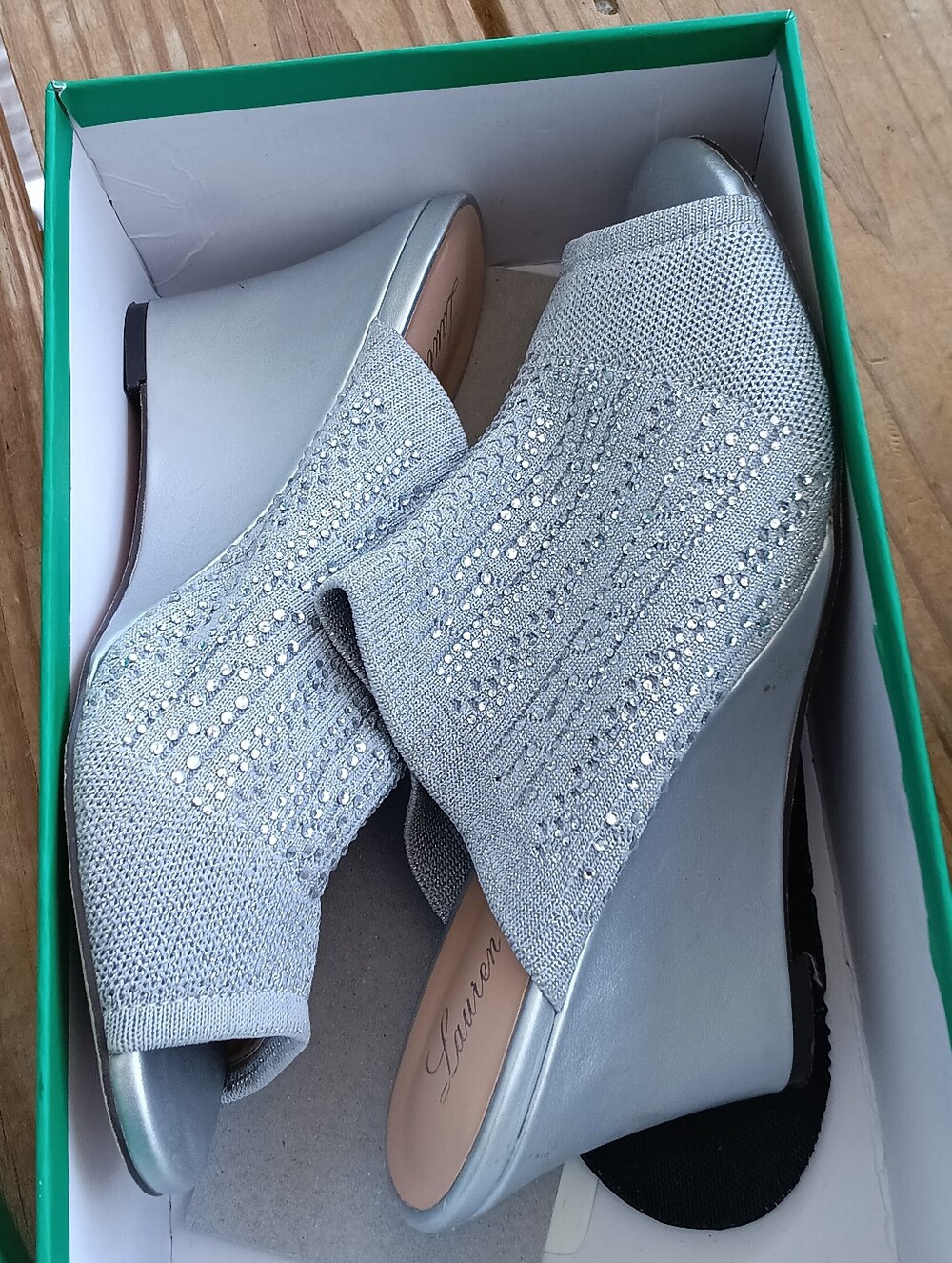Lauren Lorraine Silver Knit Wedge Peep-Toe Heels with Rhinestones